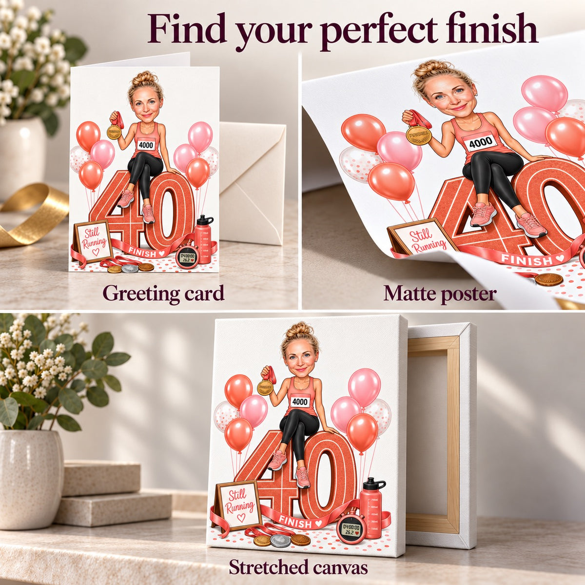 Close-ups of greeting card, matte poster and stretched canvas print textures.