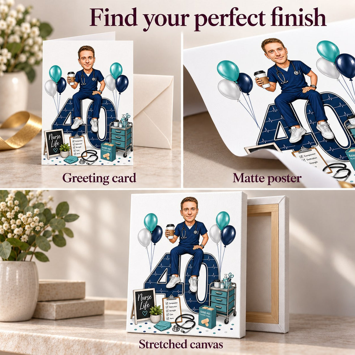 Close-ups of greeting card, matte poster, and stretched canvas print finishes.