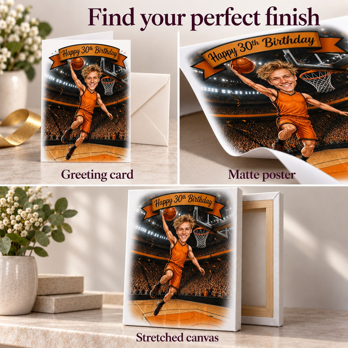 Greeting card, matte poster unframed, and ready-to-hang stretched canvas finish options shown.