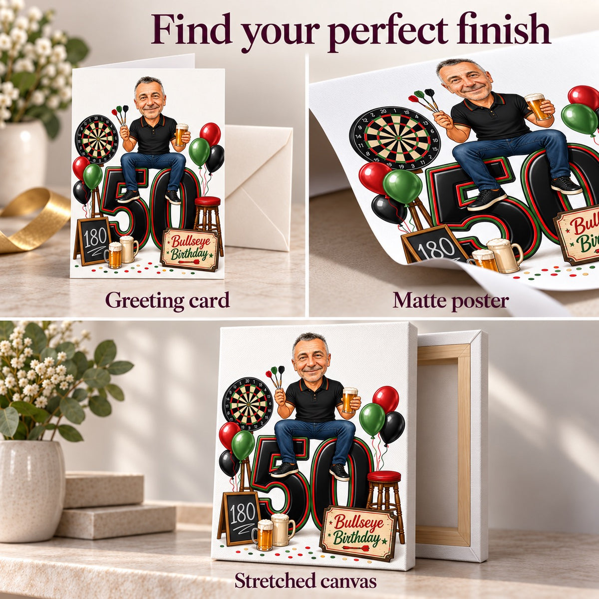 Greeting card, matte poster, and stretched canvas finish options displayed together.