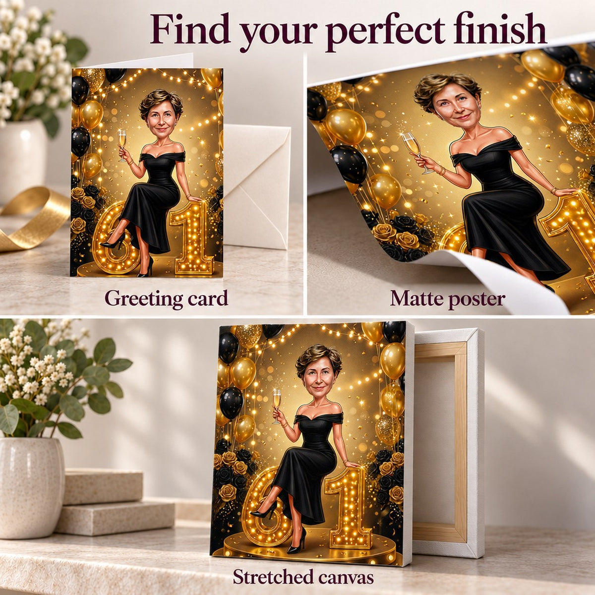Close-up of matte poster, stretched canvas, and 5x7 greeting card finishes quality.