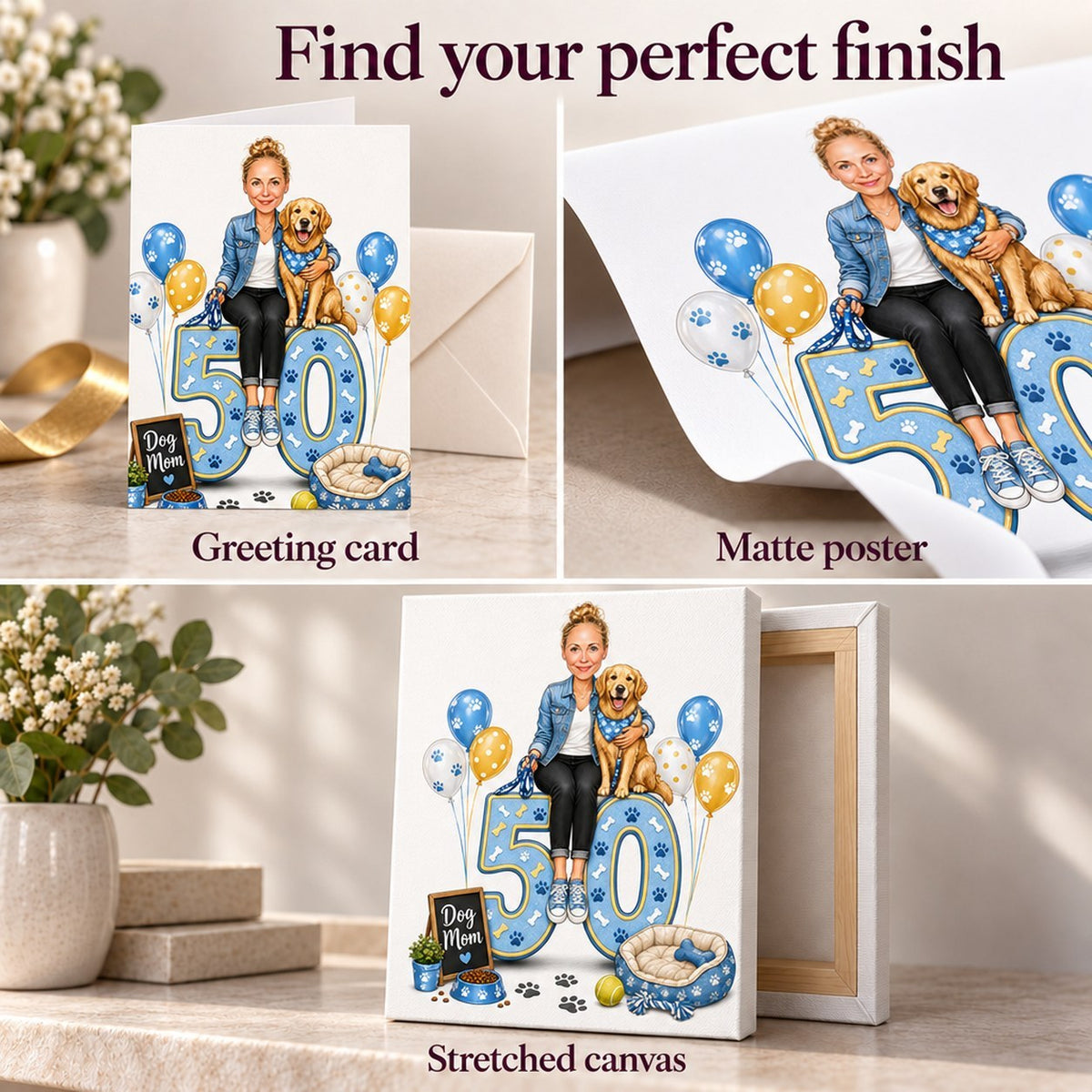 Close-up of greeting card, matte poster, and stretched canvas print options.