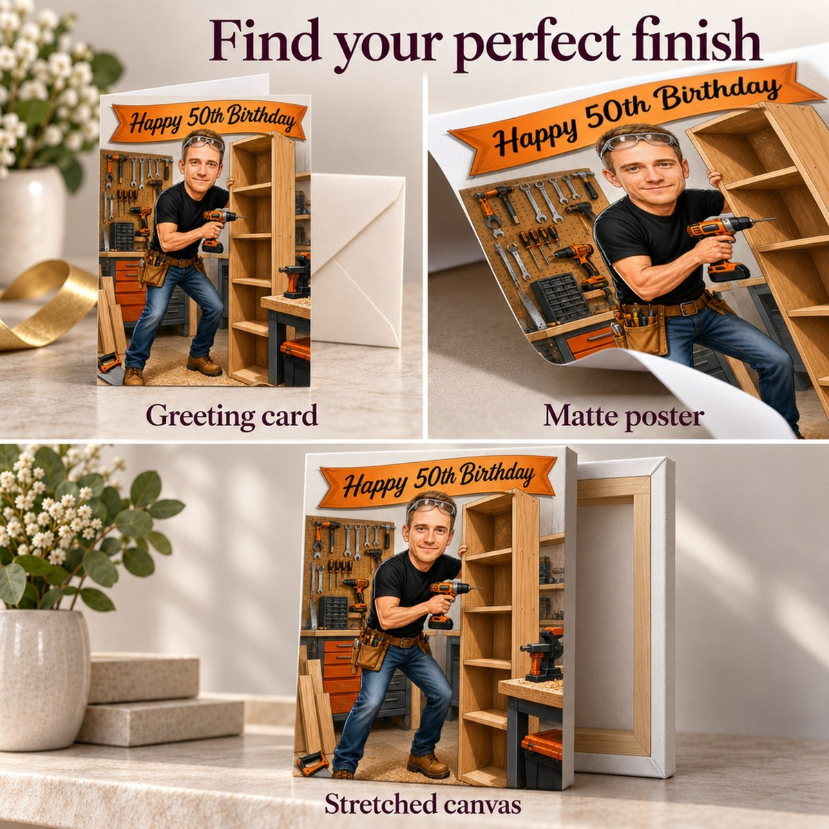 Close-ups of 5x7 card, matte poster, and stretched canvas textures and edges.