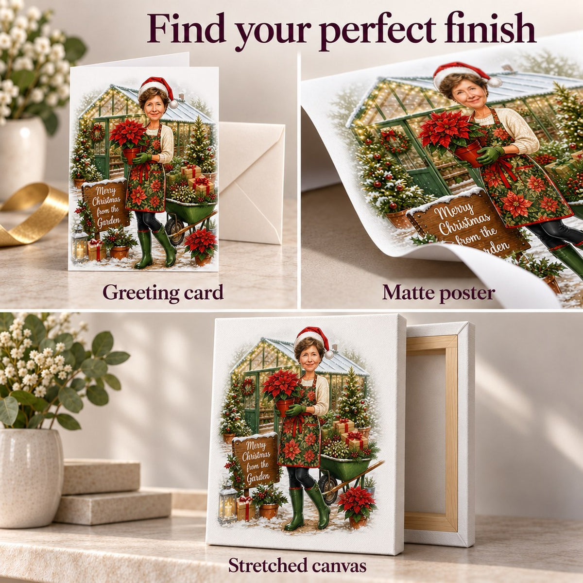 Close-up of greeting card, matte poster print, and stretched canvas edges and texture.