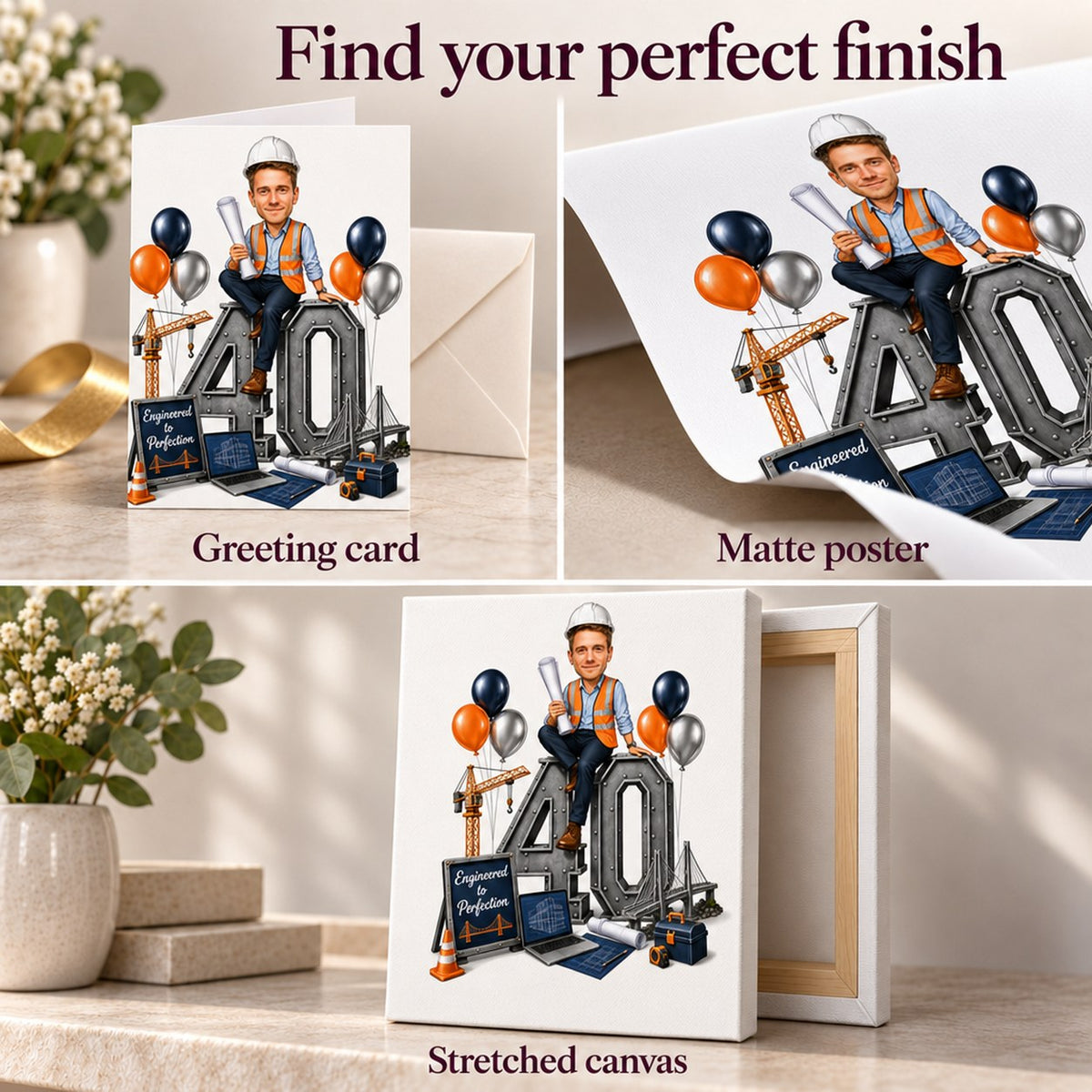 Closeups of greeting card, matte poster, and stretched canvas engineer caricature finishes.