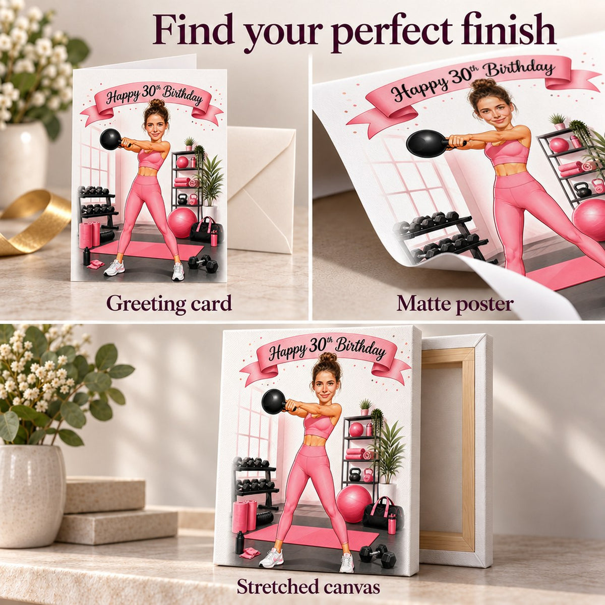 Close-ups of matte poster, 5x7 greeting card, and stretched canvas finishes.