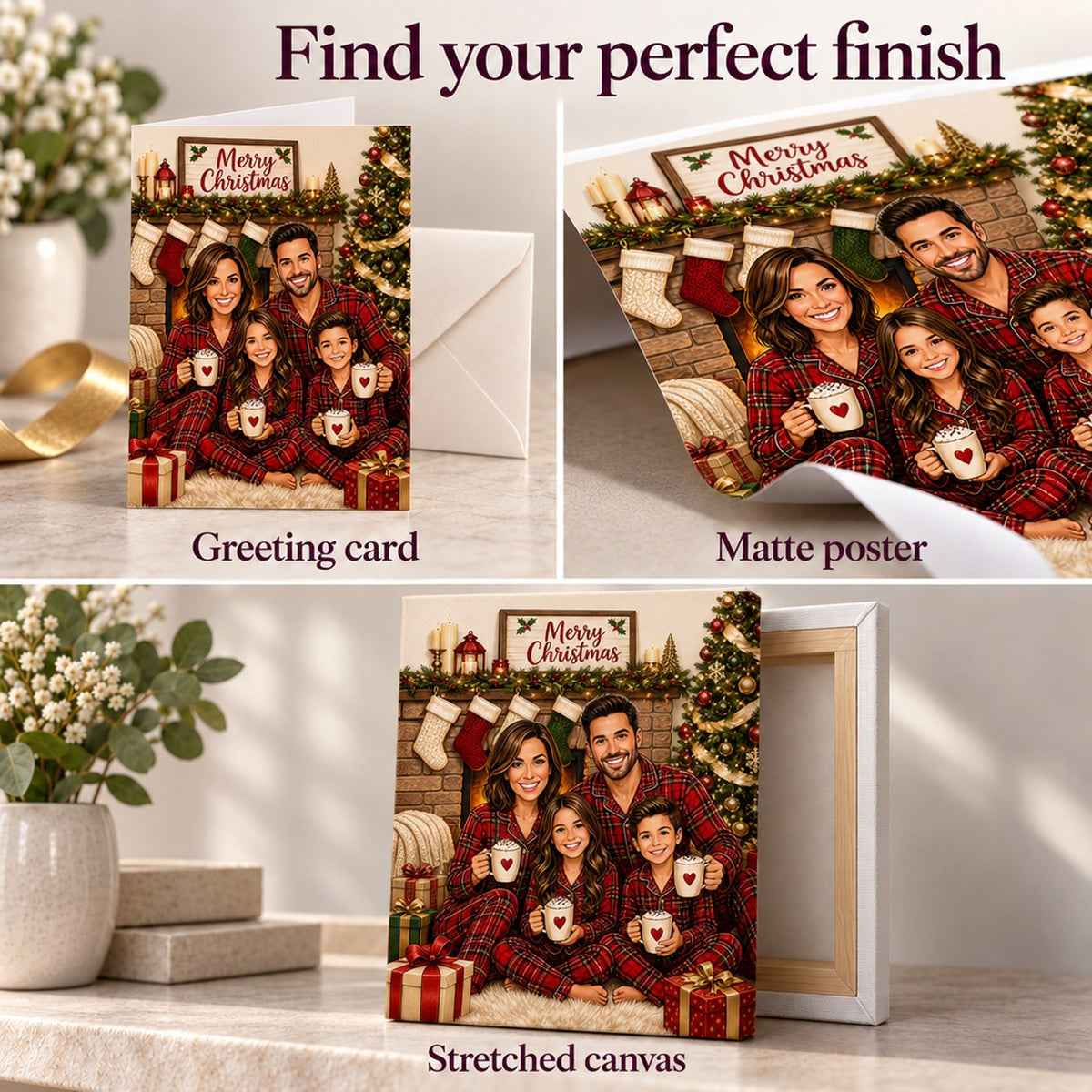 Closeups of matte poster, 5x7 greeting card with envelope, and stretched canvas.