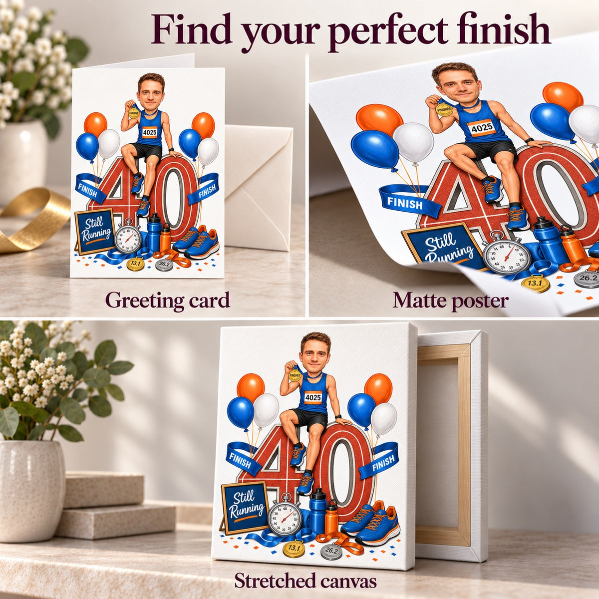 Greeting card, matte poster, and stretched canvas finishes for the running caricature.