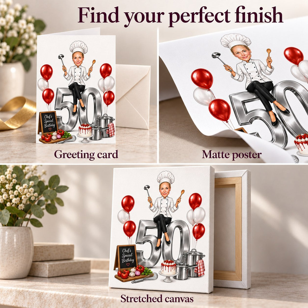 Closeups of matte poster, stretched canvas edges, and folded 5x7 greeting card with envelope.