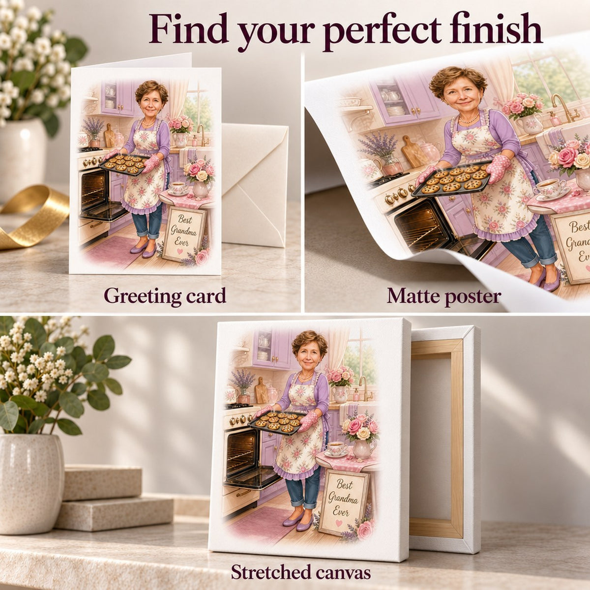 Greeting card, matte poster, and stretched canvas options showing texture and finished edges.