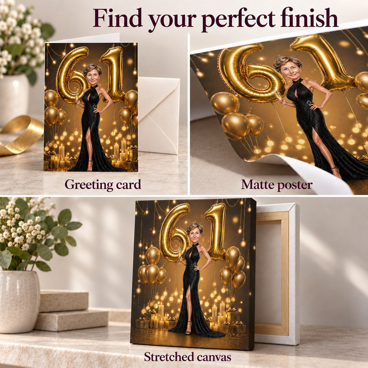 Closeups of greeting card, matte poster paper, and stretched canvas edges and texture.