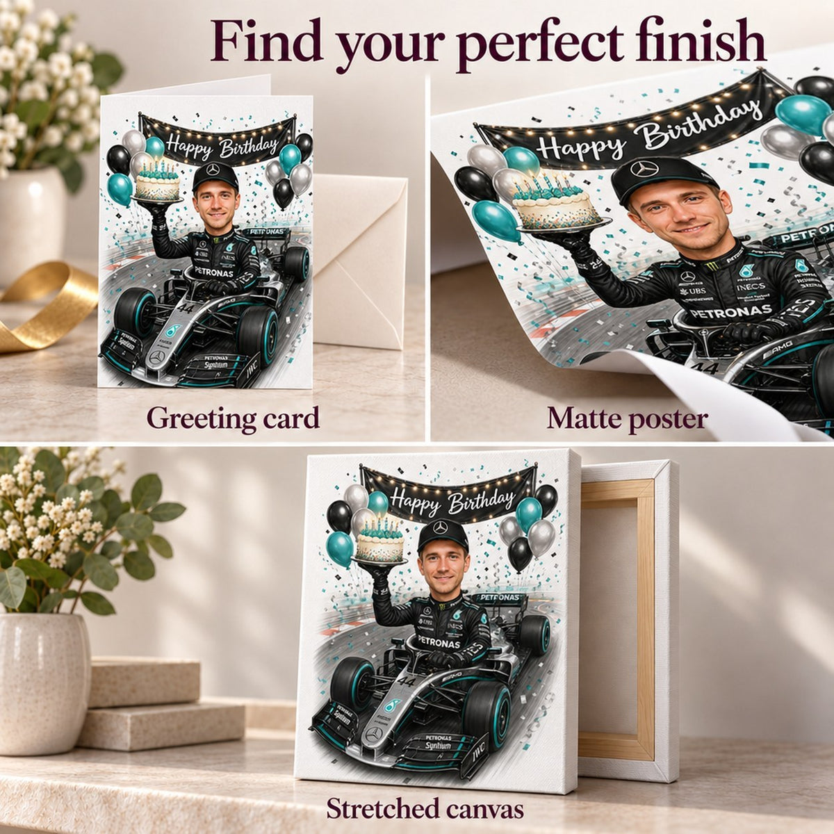 Close-up of matte poster, folded card, and stretched canvas textures of racing caricature