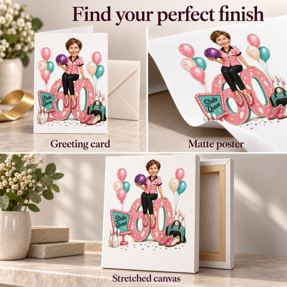 Closeups of greeting card, matte poster, and ready-to-hang stretched canvas finishes.