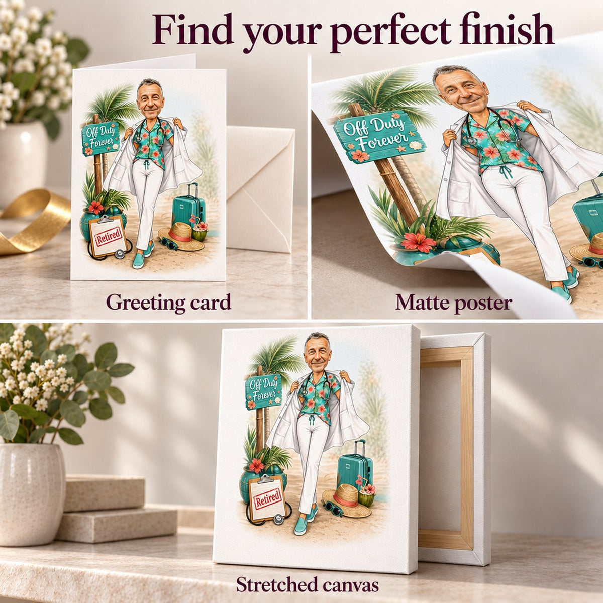 Greeting card, matte poster prints, and stretched canvas finishes for retired doctor caricature.