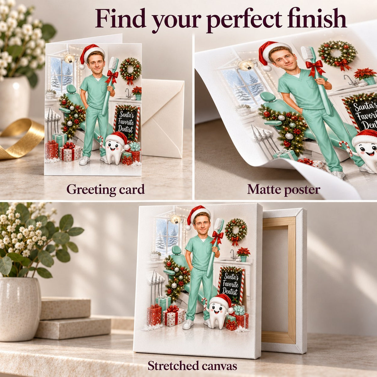 Closeups of 5x7 card, matte poster texture, and gallery-wrapped canvas edges.