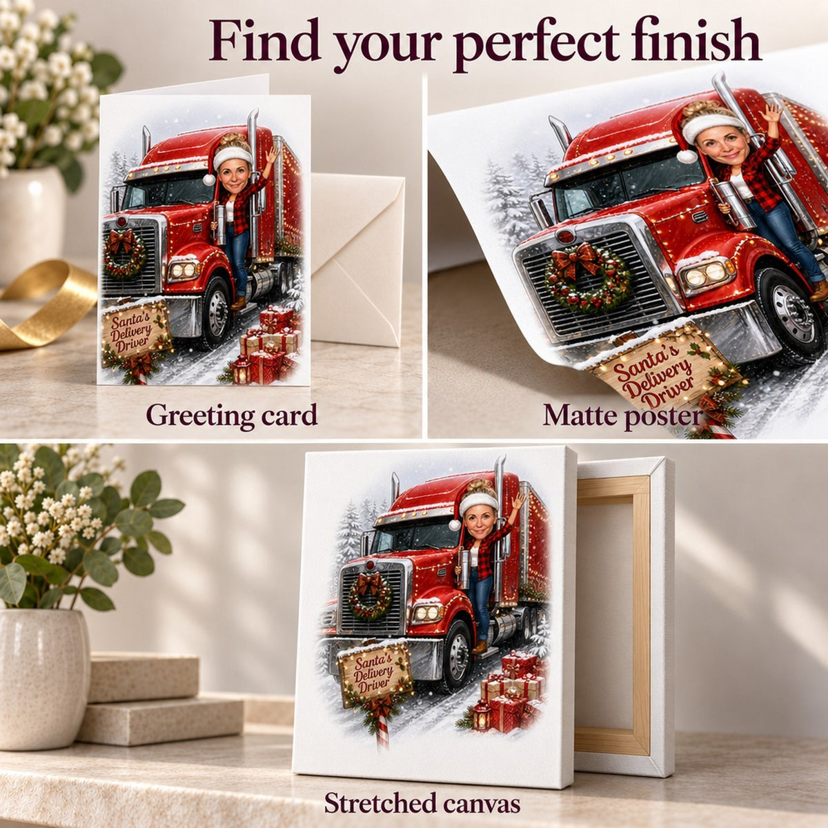 Matte poster, 5x7 greeting card with envelope, and ready-to-hang stretched canvas finish.