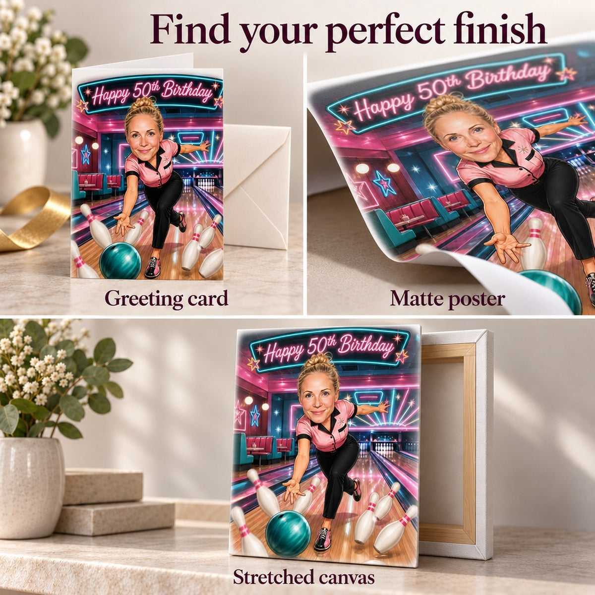 Closeups of greeting card, matte poster, and stretched canvas print surfaces