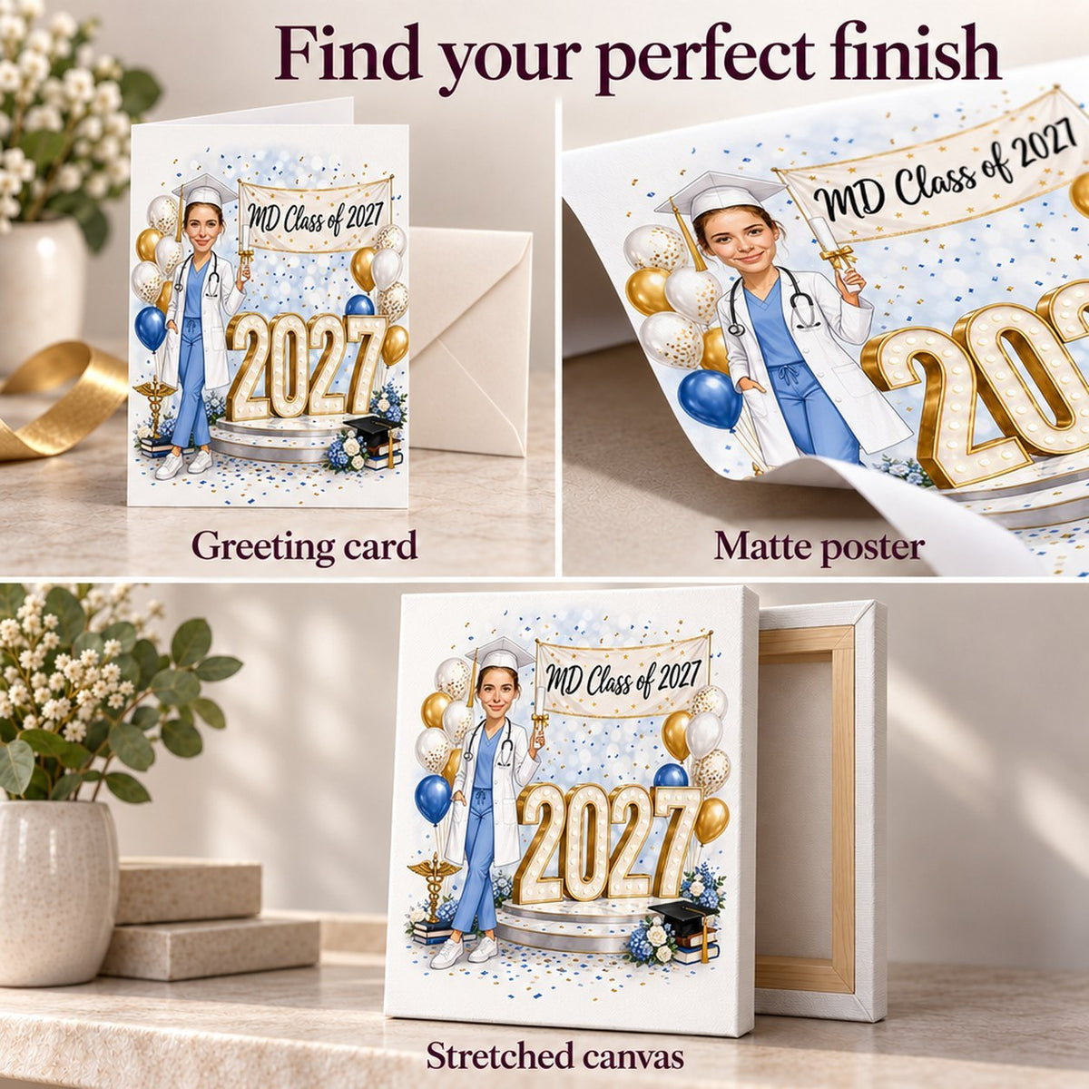Closeup of matte poster, greeting card with envelope, and ready-to-hang canvas finish options.