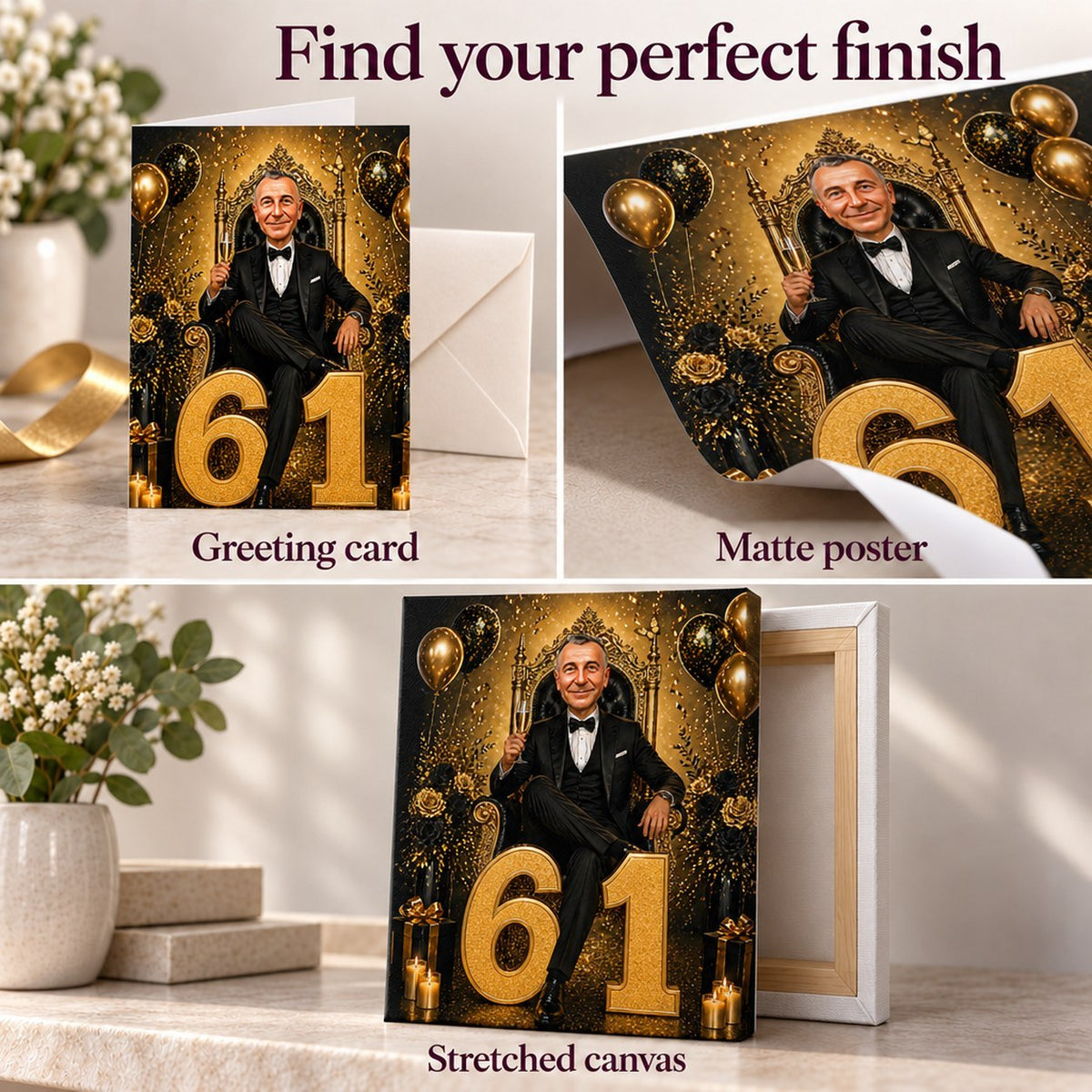 Matte poster, 5x7 greeting card with envelope, and stretched canvas texture closeups.