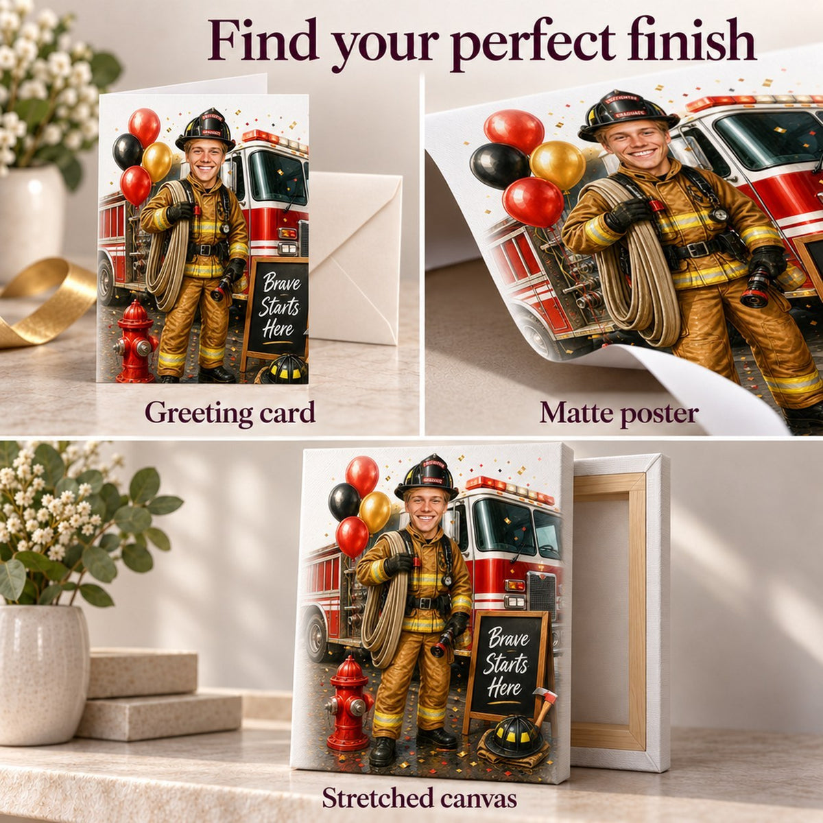 Matte poster, stretched canvas, and 5x7 greeting card finish options displayed together.