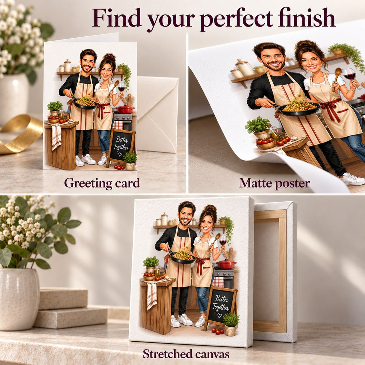 Card, matte poster, and stretched canvas finishes for the cooking couple caricature design.