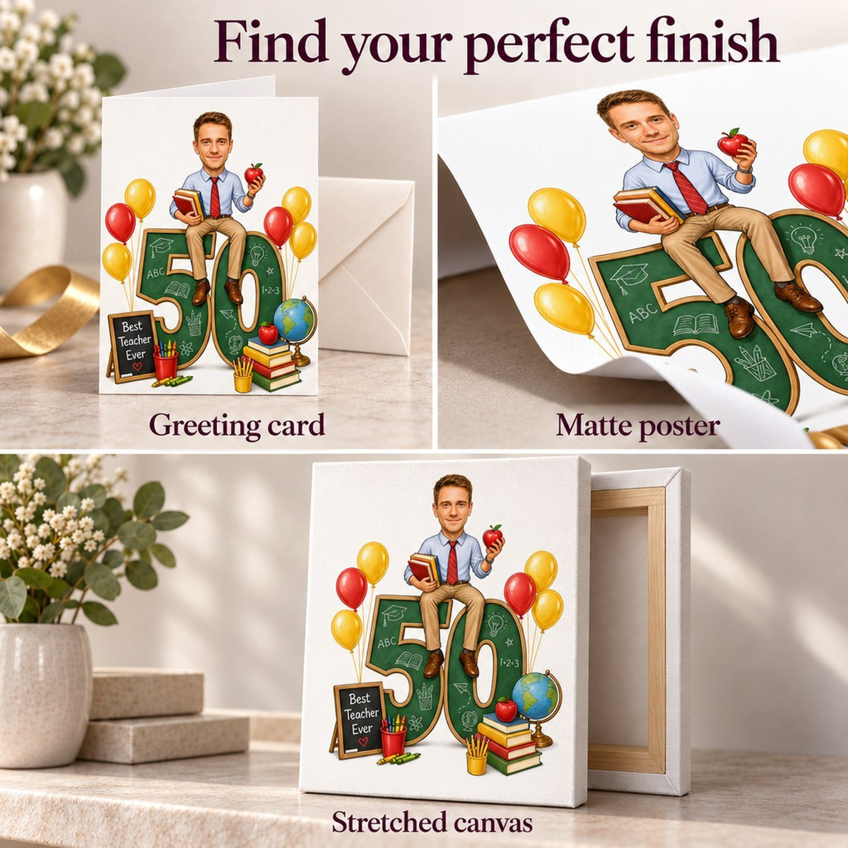 Matte poster, stretched canvas, and 5x7 greeting card finishes close-up.