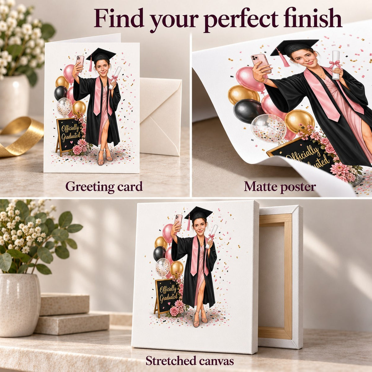 Closeups of matte poster, stretched canvas edges, and folded greeting card with envelope.
