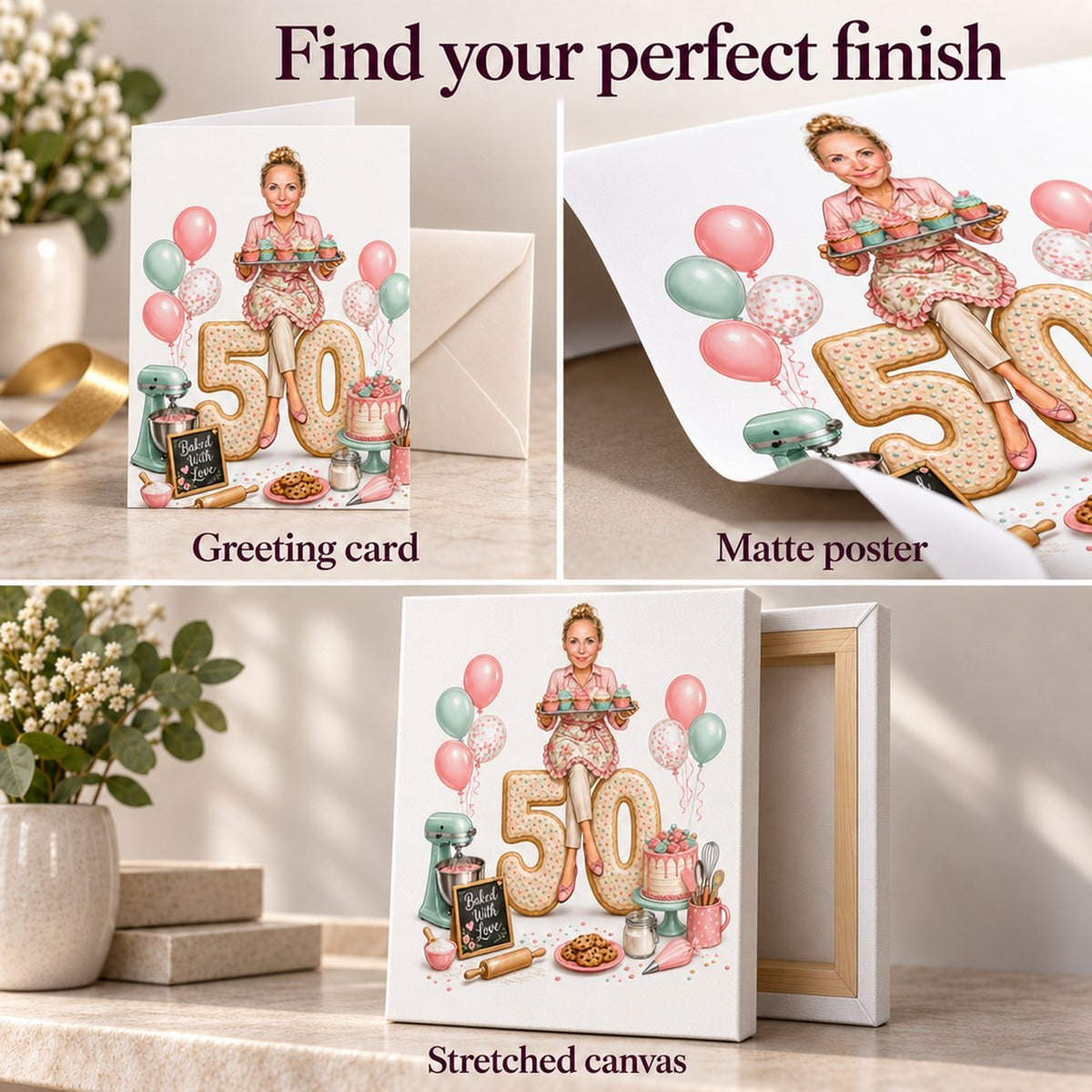 Closeups of card, matte poster, and stretched canvas textures with soft pastel colors.