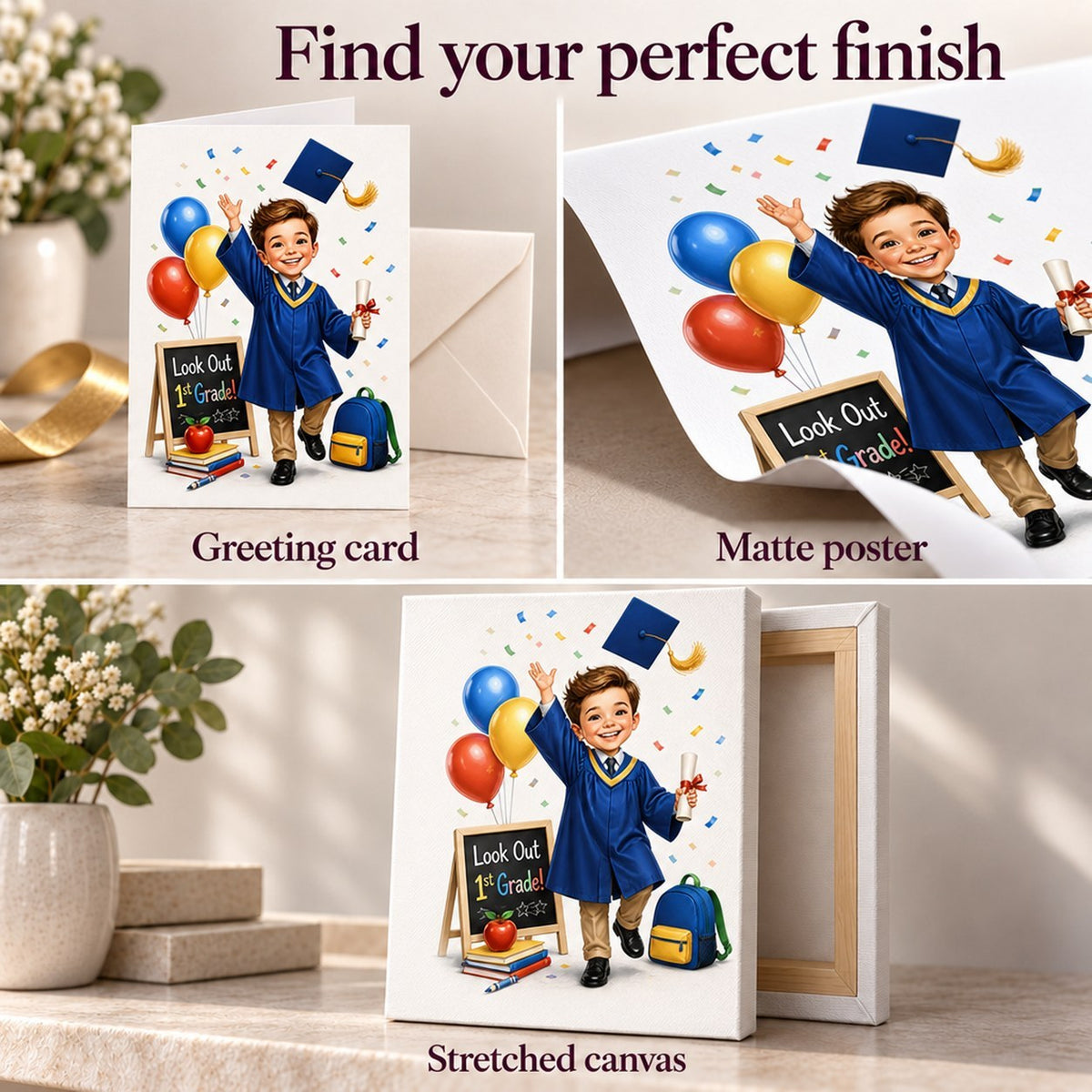 Closeups of 5x7 card, matte poster texture, and stretched canvas edges with vibrant colors.