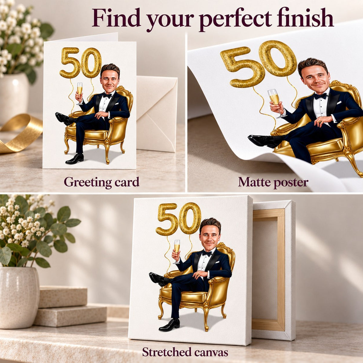 Close-up of greeting card, matte poster, and stretched canvas finish plus digital download icon