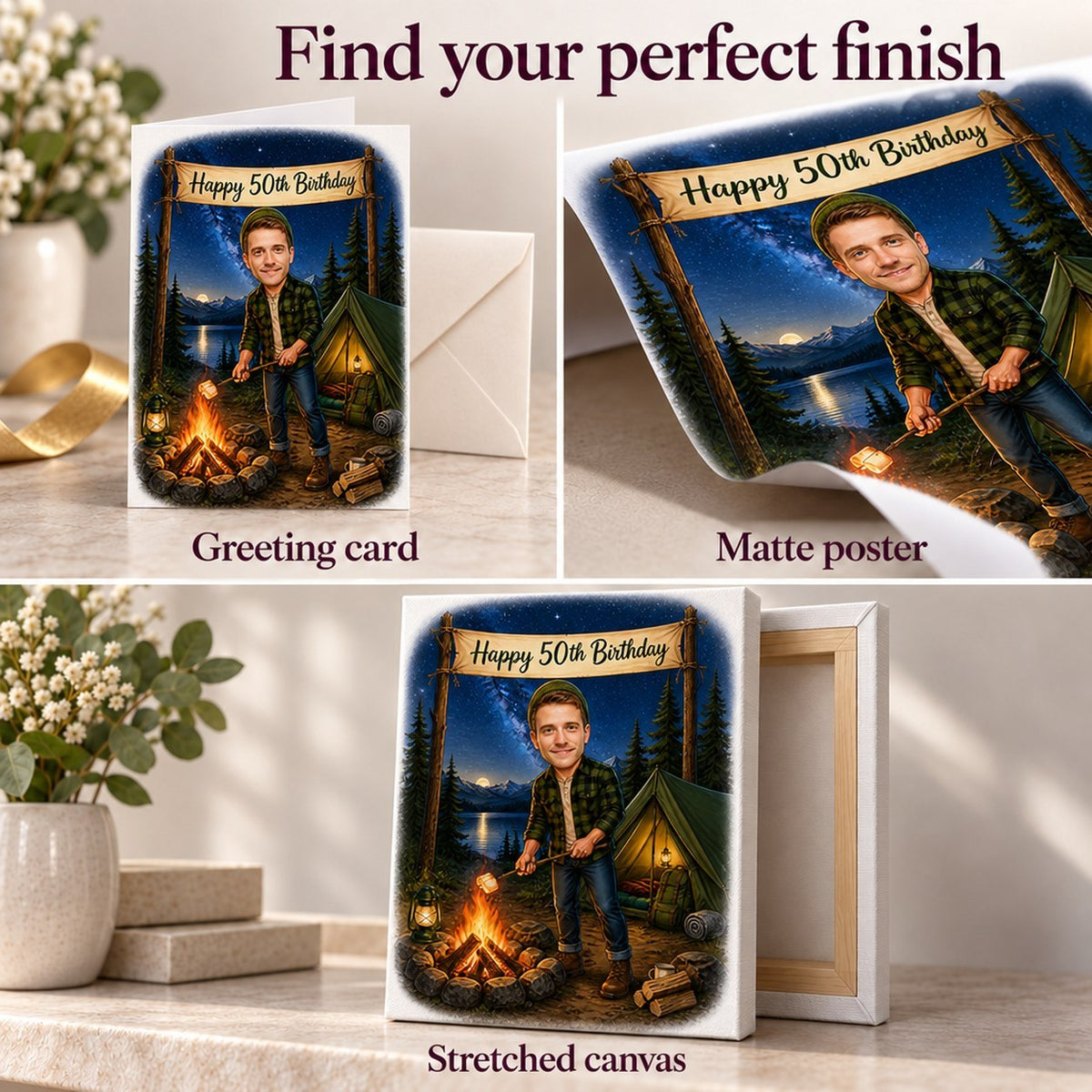 Closeups of greeting card, matte poster, and stretched canvas finishes for camping artwork.