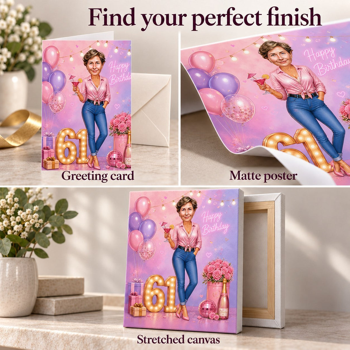 Close-ups of greeting card, matte poster texture, and stretched canvas edges ready to hang.