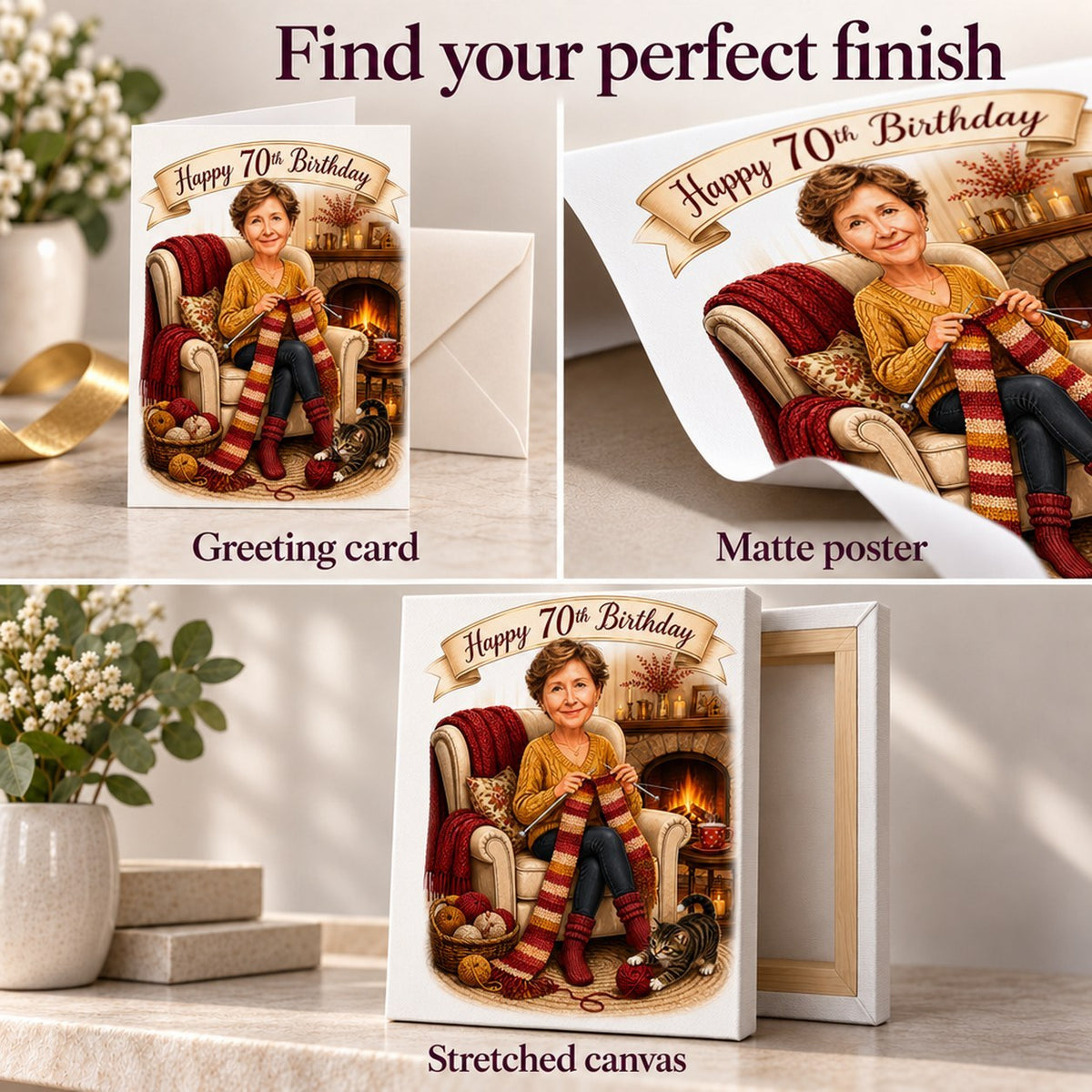 Closeups of matte poster, stretched canvas, and folded greeting card finishes