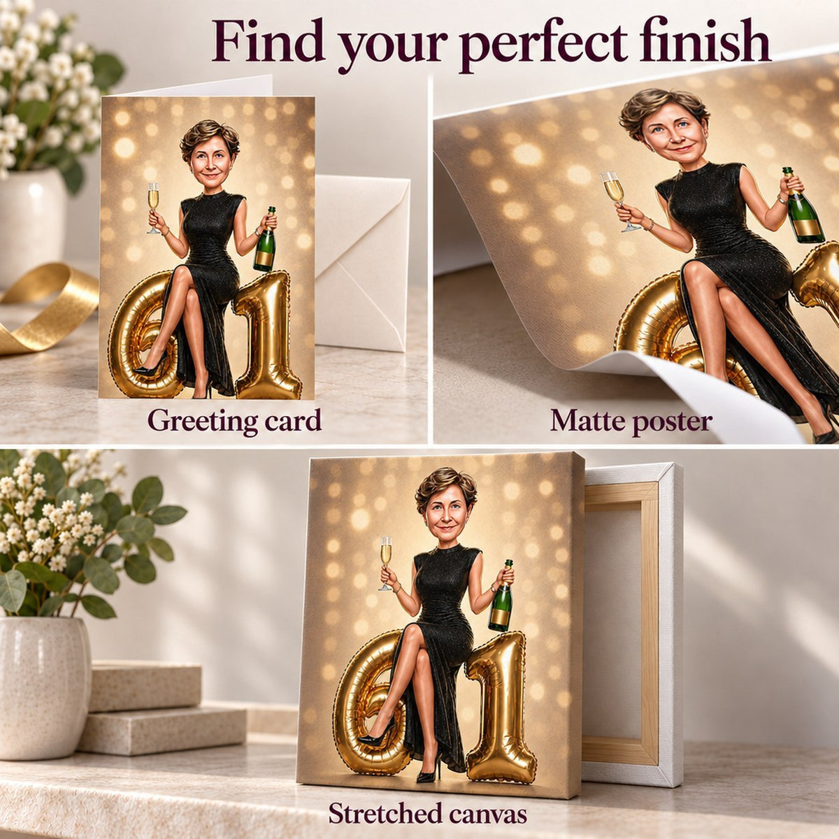 Matte poster, greeting card with envelope, and stretched canvas print, unframed poster option.