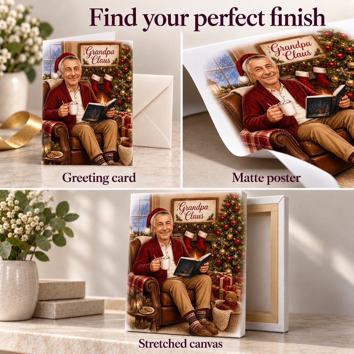 Greeting card with envelope, matte poster unframed, stretched canvas ready to hang, digital file.