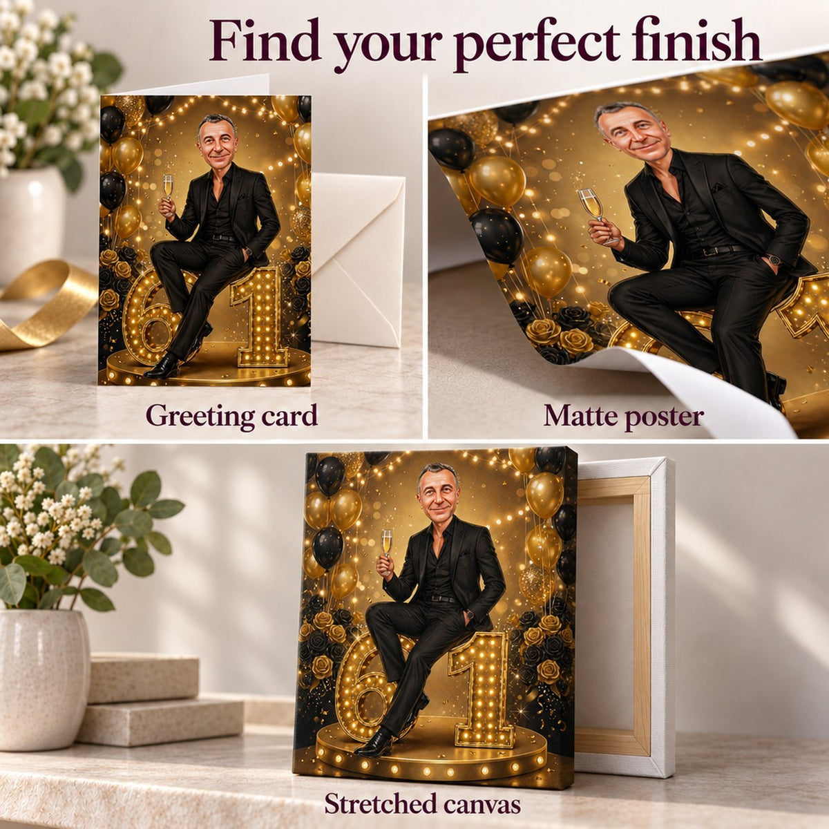 Closeups of greeting card, matte poster, and stretched canvas textures with crisp golden lights.