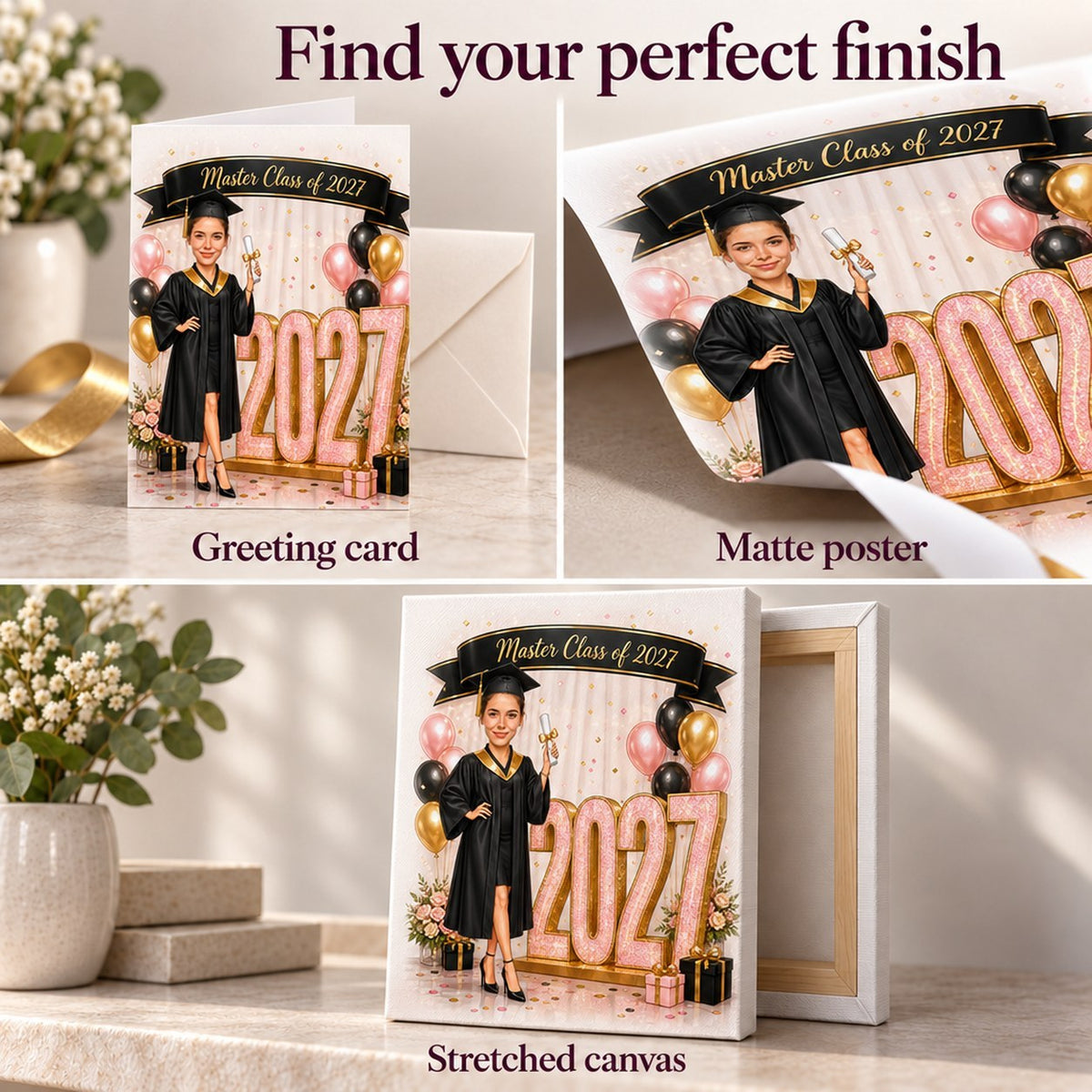 Greeting card, matte poster, and stretched canvas finish options shown close-up