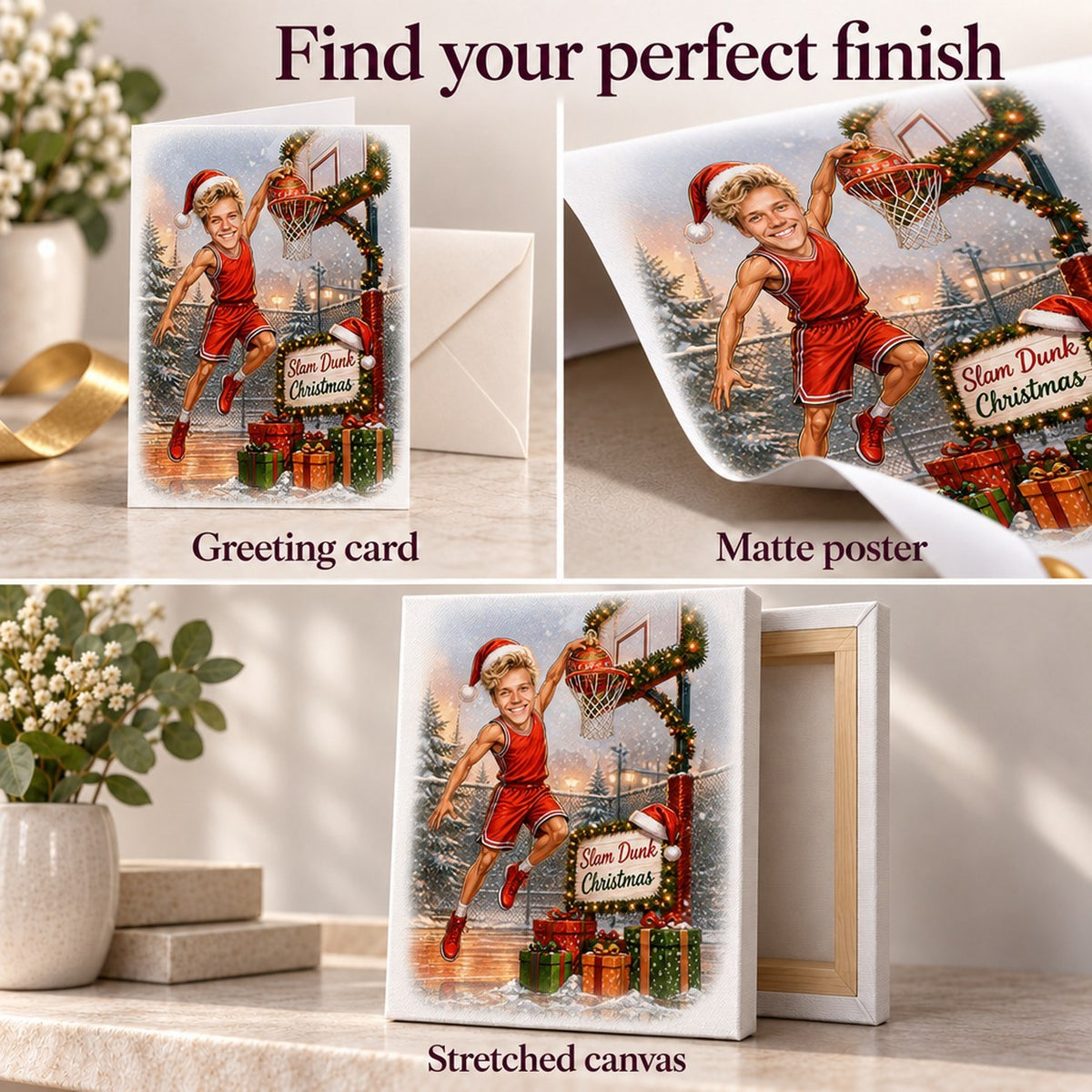 Close-ups of matte poster, 5x7 card with envelope, and stretched canvas finish.