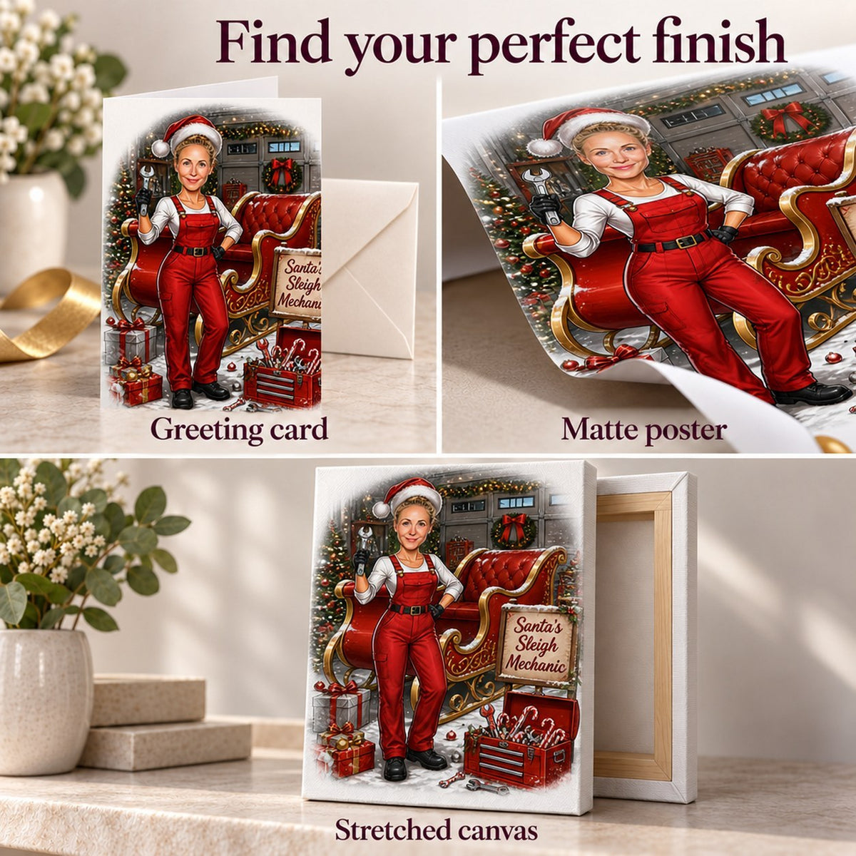 Greeting card, matte poster, and stretched canvas finishes for custom Christmas caricature