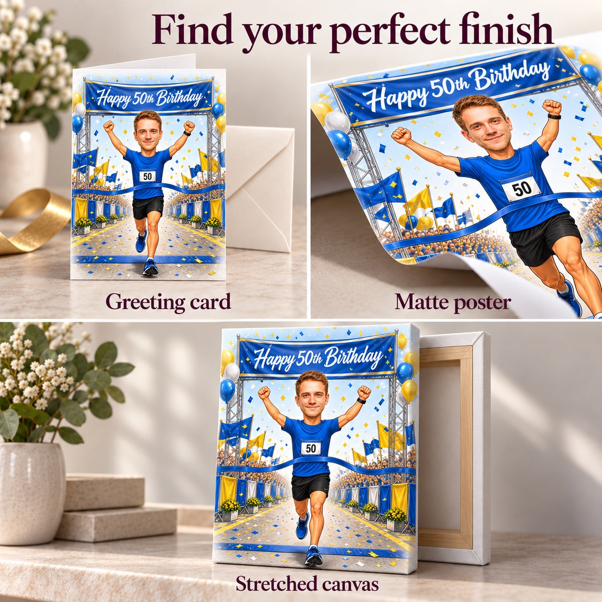 Greeting card with envelope, matte poster, and stretched canvas ready to hang