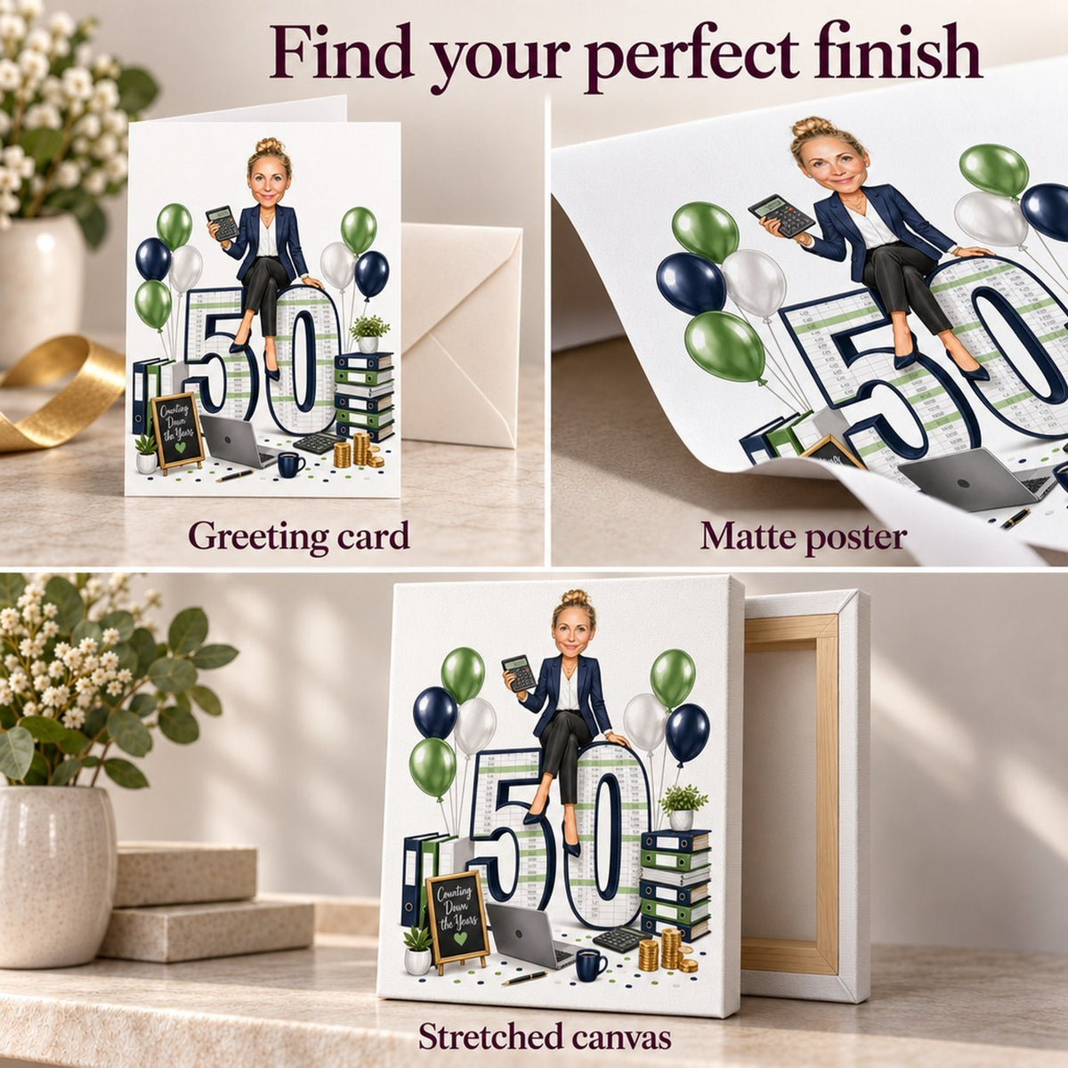 Greeting card, matte poster, and stretched canvas finishes shown in closeup detail.