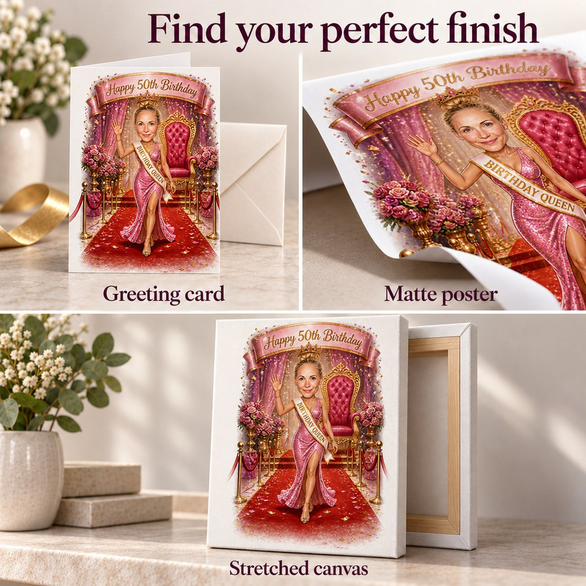 Matte poster, stretched canvas, and 5x7 greeting card print finishes shown.