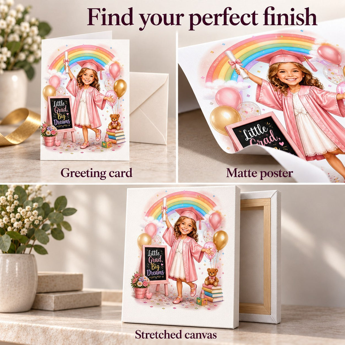 Close-up of greeting card, matte poster print, and stretched canvas finishes
