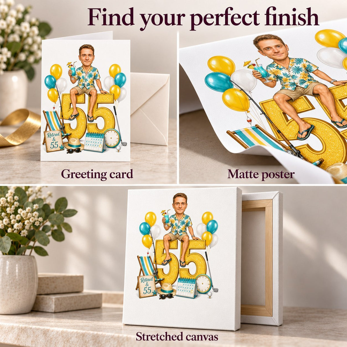 Closeups of matte poster, stretched canvas, and folded greeting card finishes