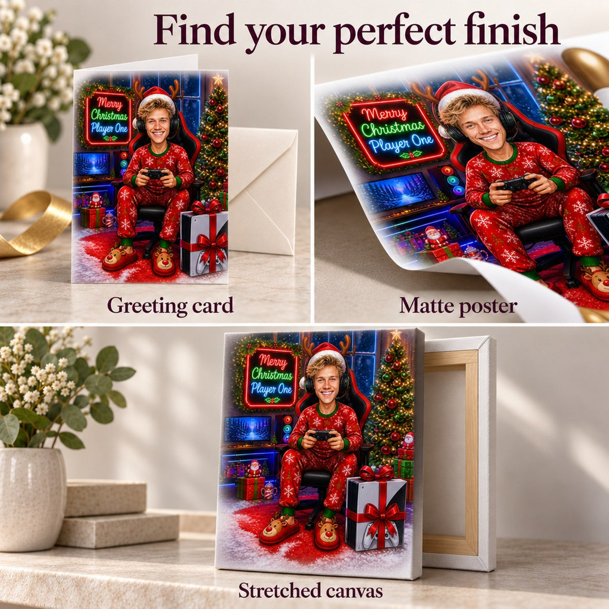 Matte poster texture, 5x7 greeting card, and stretched canvas ready to hang.