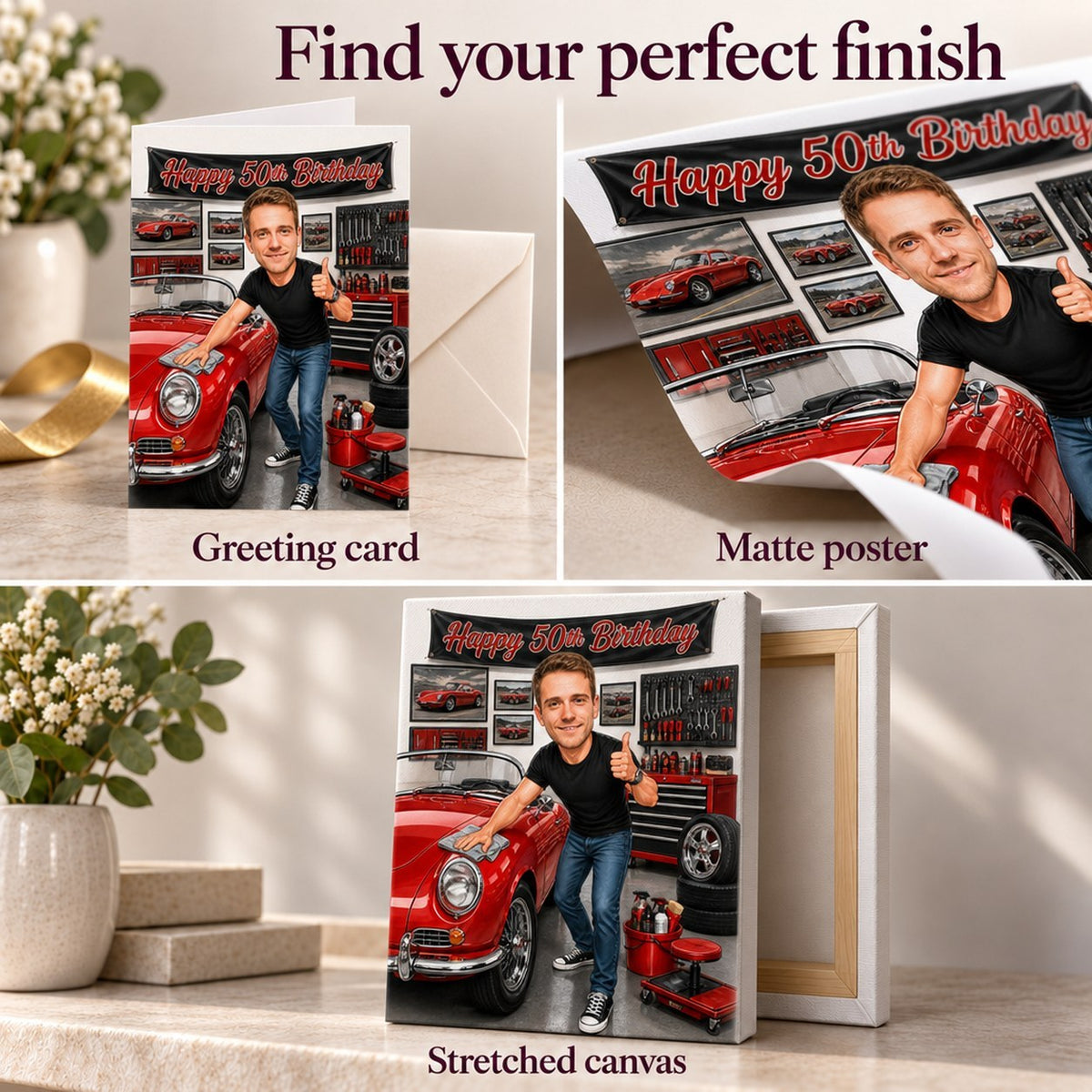 Greeting card, matte poster and stretched canvas finishes for personalized car caricature