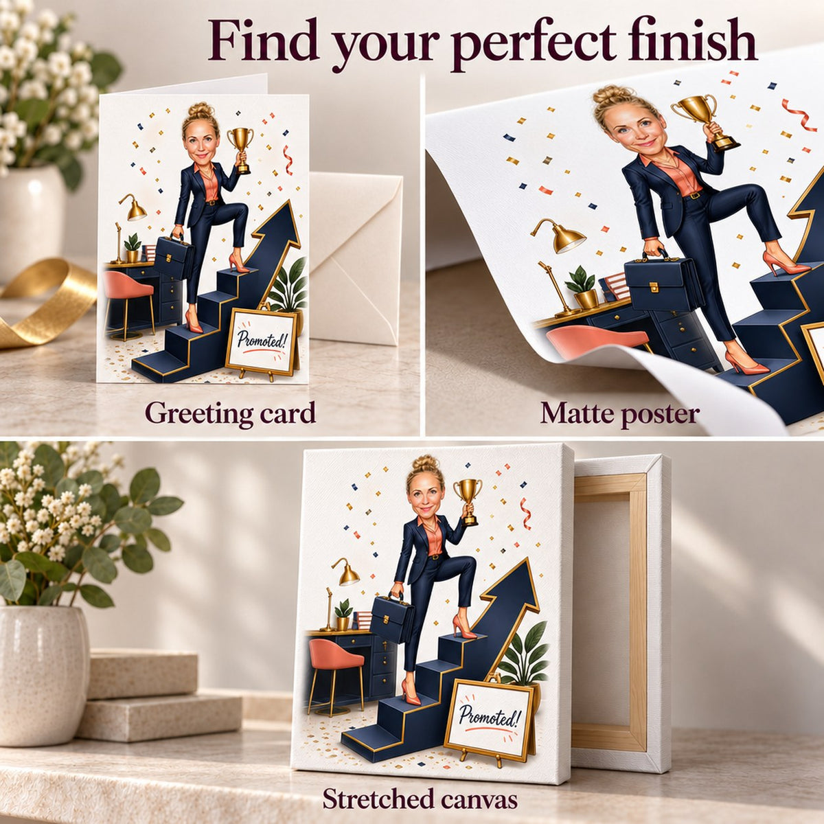 Close-up of matte poster, greeting card with envelope, and stretched canvas textures.