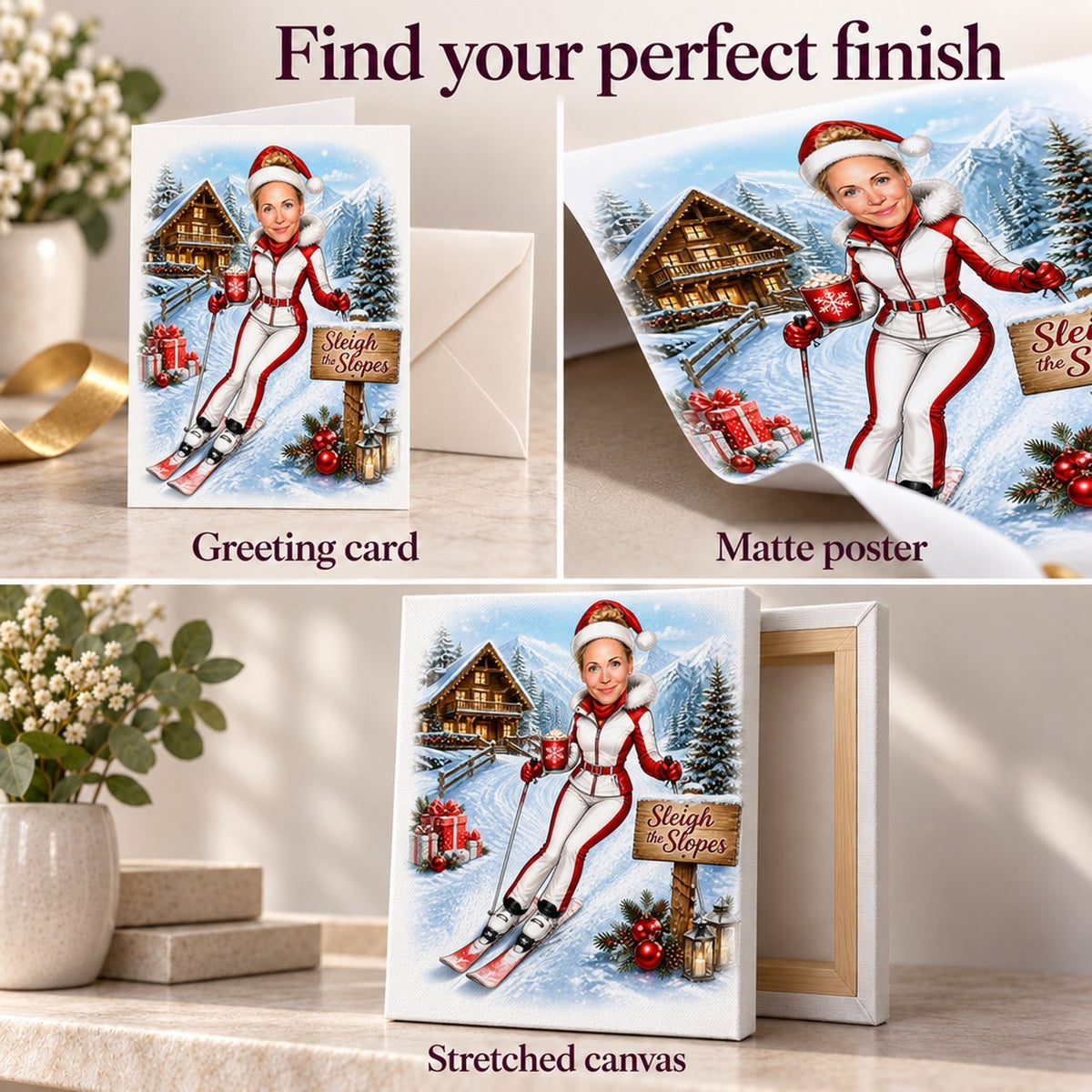 Matte poster, 5x7 greeting card with envelope, and ready-to-hang stretched canvas.