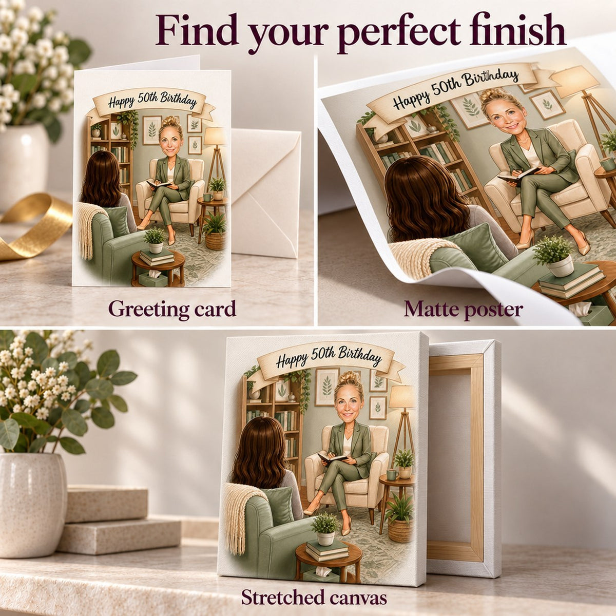 Greeting card, matte poster, and stretched canvas finish options for psychologist cartoon design.