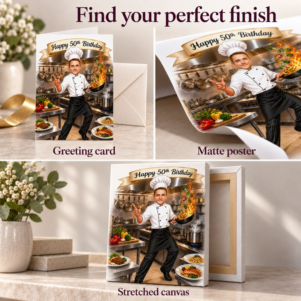 Greeting card, matte poster, and stretched canvas finish options for the chef caricature.